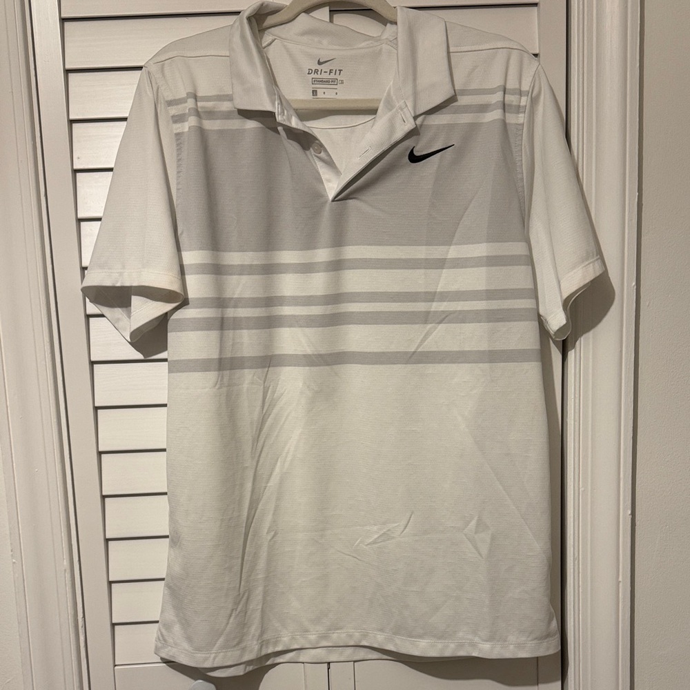 Nike Men's White and Gray Striped Golf Shirt